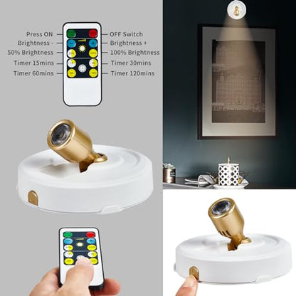 Wireless Spotlight Battery Operated with Remote Control, 2-Pack Under Cabinet Closet Light with Timer Function for Under Counter, Shelf, Bookcase, Cabinet, Paintings, Pictures, Accent - color: White Gold