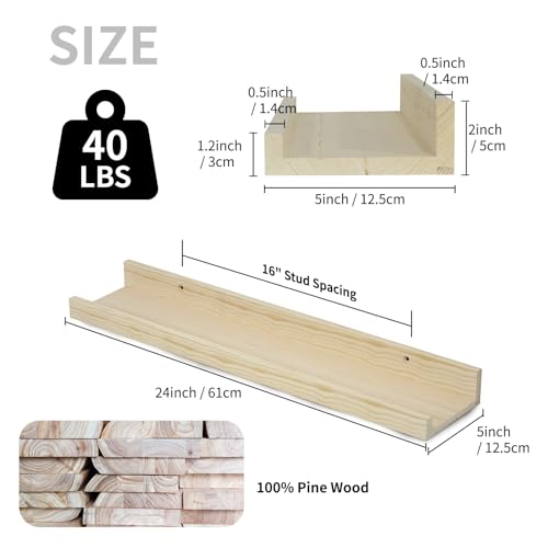 SAUMONIERES Picture Ledge Shelf Floating Book Shelves Set of 2 Wall Mounted Solid Wood for Bedroom Bathroom Living Room Kitchen, 24 Inch Natural - color: Natural-unstained, size: 24 inch