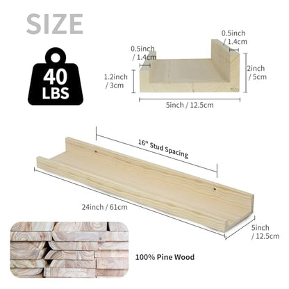 SAUMONIERES Picture Ledge Shelf Floating Book Shelves Set of 2 Wall Mounted Solid Wood for Bedroom Bathroom Living Room Kitchen, 24 Inch Natural - color: Natural-unstained, size: 24 inch