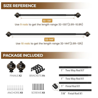 KAMANINA 1 Inch Curtain Rods for Windows 72 to 144 Inch, Black Drapery Rods - color: Black, size: 72-144"