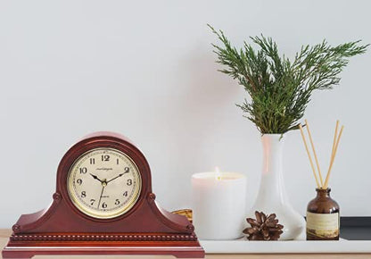 Mantel Clock, Battery Operated, Silent Wood Table Clock with Westminster Chimes, Maroon Arabic Numerals, 9" x 16" x 3" - color: Maroon Arabic Numerals
