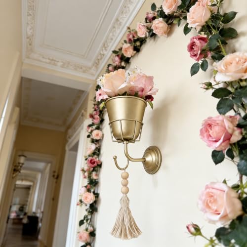 Gold Metal Wall Mounted Flower Vase for Faux & Fresh-Cut Flowers