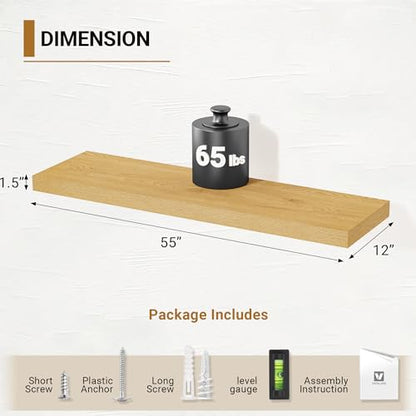 Vivelove 12 Inch Deep Floating Shelves 55 inch Long, Oak, Set of 2 - color: Oak, size: 55”wx12”dx1.5”h