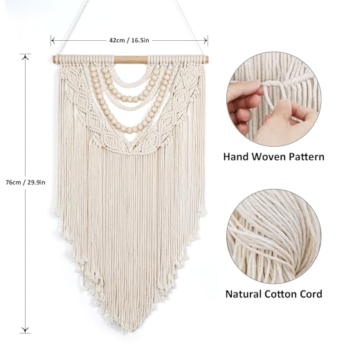 Beige Macrame Wall Hanging Handmade Tapestry with Chic Wooden Beads Tassels