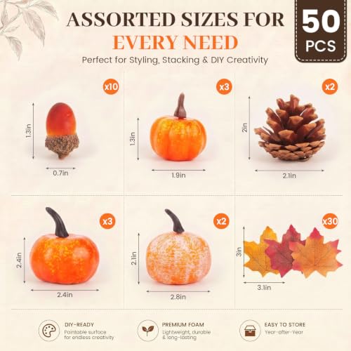 HANSGO 50 PCS Artificial Pumpkins with Pinecones Acorns and Maple Leaves