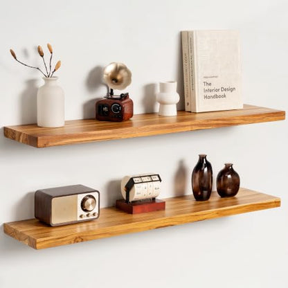 36 Inch Teak Floating Shelves, Set of 2 – Wall Mount Shelves for Bathroom - color: Raw Teak, size: 36"L, 2-Pack