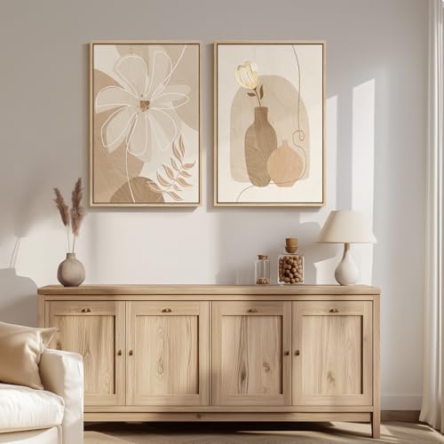 Large Framed Neutral Beige Boho Abstract Floral Wall Art Bedroom, Set of 2 - color: Neutral Beige, size: 20" W x 30" H x 2Pcs