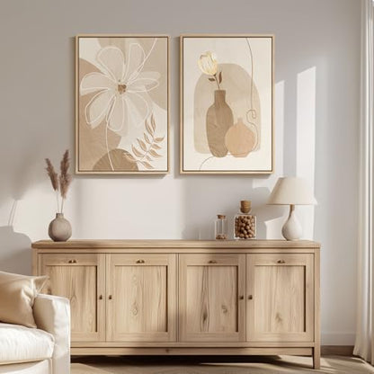 Large Framed Neutral Beige Boho Abstract Floral Wall Art Bedroom, Set of 2 - color: Neutral Beige, size: 20" W x 30" H x 2Pcs