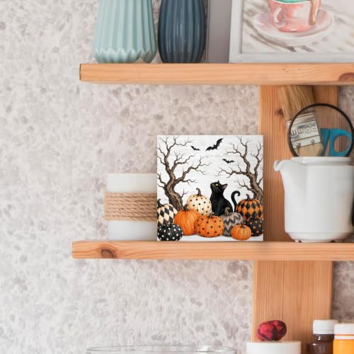 Halloween Black Cat Pumpkin Wood Box Sign Desk Decor 5X5 - color: Pumpkin Cat