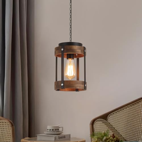 2 Pack Rustic Farmhouse Plug in Pendant Light Fixture with Adjustable Chain, Dimmable Switch, Oak Wood and Metal Drum Cage Mini Hanging Lamp for Kitchen Island Living Room Hallway Farmhouse, Black - size: Small 2-Pack Hanging Lamp
