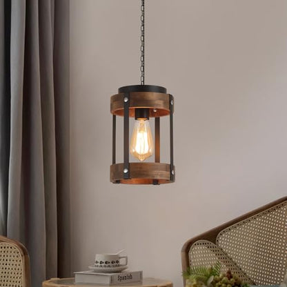 2 Pack Rustic Farmhouse Plug in Pendant Light Fixture with Adjustable Chain, Dimmable Switch, Oak Wood and Metal Drum Cage Mini Hanging Lamp for Kitchen Island Living Room Hallway Farmhouse, Black - size: Small 2-Pack Hanging Lamp