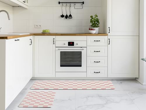Ohocut Pink Checkered Kitchen Mats for Floor Set of 2, 2 Pcs Cushioned Non Slip Runner Rugs for Kitchen/Sink/Laundry, Comfort Aesthetic Cute Anti-Fatigue Foam Floor Mat 17.3"x29.5"+17.3"x47.2" - color: Pink
