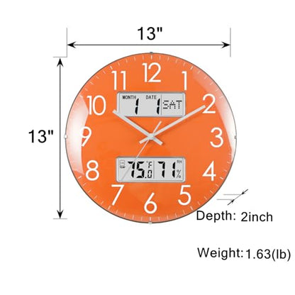 Nbdeal 13-Inch Analog Silent Wall Clock with Calendar Temperature & Humidity (Orange) - color: Orange
