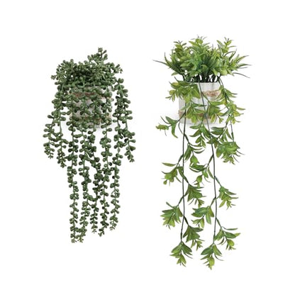 2 Pack Fake Hanging Plants, Faux Eucalyptus Vine Fern and String of Pearls - color: Hangingb-2pcs