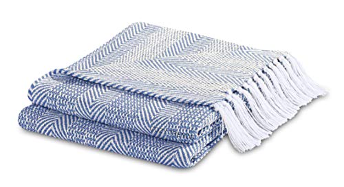 Hand Woven Cozy Warm 100 Percent Combed Cotton All Season Indoor Outdoor Light Weight Fade Resistant Couch Chair Bed Throw Blankets Batik 50x60 Inch Set of 2 (Blue) - color: Blue