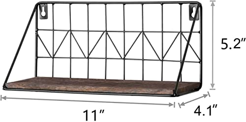 Mkono Floating Shelves Wall Mounted Set of 2 Rustic Wood Storage Display Shelf with Metal Wire Basket 11.4 Inches, Hanging Shelf for Bedroom Bathroom Living Room Kitchen Office, Brown,Small - size: Small