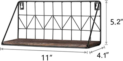 Mkono Floating Shelves Wall Mounted Set of 2 Rustic Wood Storage Display Shelf with Metal Wire Basket 11.4 Inches, Hanging Shelf for Bedroom Bathroom Living Room Kitchen Office, Brown,Small - size: Small