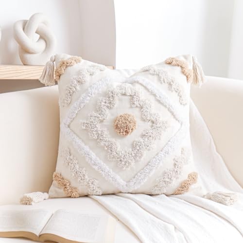 NUYECY Decorative Farmhouse Throw Pillow Covers 16 x 16,Modern Neutral Couch Pillow Cover,Cotton Checked Pattern Boho Square Pillow Case Cover for Couch Bed Sofa Bedroom,Khaki&Beige&White - color: Khaki, size: 16" x 16" (Pack of 1)