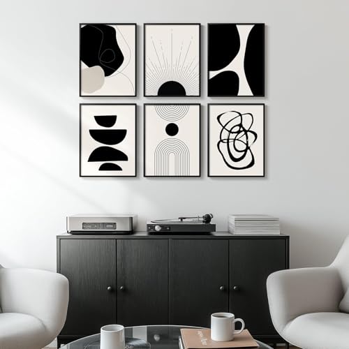 Framed Black and White Modern Abstract Wall Art for Living Room, 6 Pieces - color: Black and White