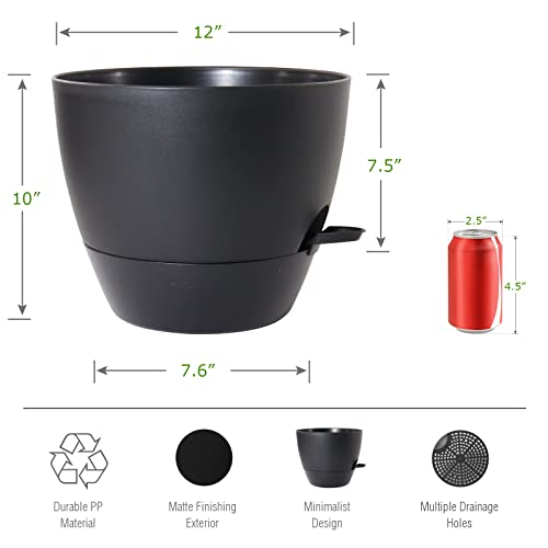 UOUZ 12inch 2Pack Large Self Watering Planters, Plastic Plant Pots with 60oZ Removable Deep Reservoir and Multi Mesh Drainage Holes for Indoor Outdoor Garden Plants and Flowers, Black - color: Black