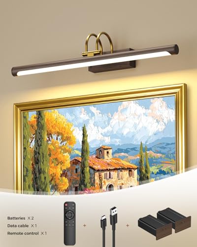 23.6″ Picture Light, Battery Operated Wireless Rechargeable Wall Light with Remote, Dimmable LED Art Light with Timer, Adjustable Design, Wood Grain Finish for Frames, Paintings and Bedroom Wall Decor - color: Battery Operated-Wood Grain, size: 23.6 Inch
