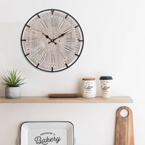 EMAX HOME 12 Inch Farmhouse Wall Clock Rustic Antique Wood with Metal Circle and Large Engraved Numerals, Silent Battery Operated Wall Clock for Office Kitchen Bedroom Living Room - color: Brown, size: 12 Inch Roman numerals