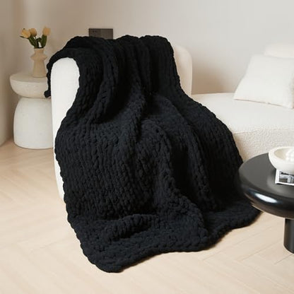 WESHIONGOO Chunky Knit Blanket Throw for Couch Bed 51"×63" Black - color: Black, size: 51"x63"(Large Size Throw)