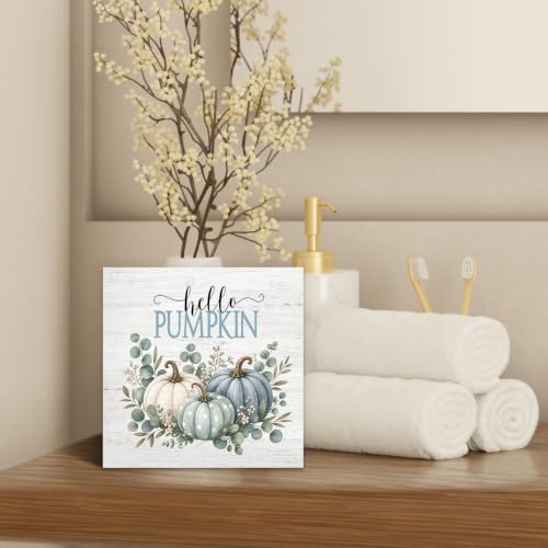 Hello Pumpkin Fall Eucalyptus Botanical Wood Box Sign Desk Decor 5X5 - color: Sage Green & Blue