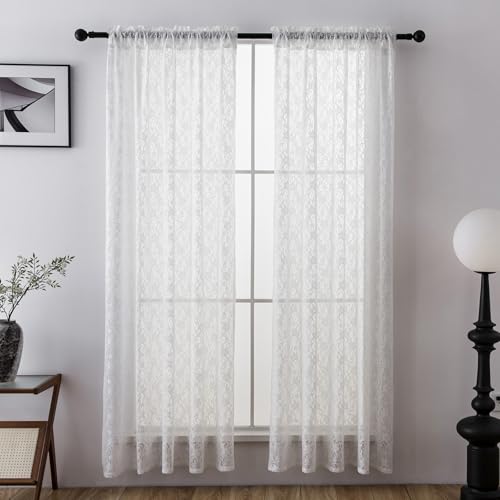 PearAge Lace Sheer White Curtains for Living Room, 63 Inch Length, Elegant Lace-Style Voile Drapes for Bedroom, Kitchen or Dining Room, 42W x 63L Inch, 2 Panels White - color: White