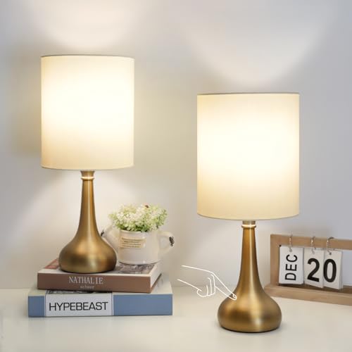 Set of 2 Bedside Touch Lamps, 16 Inch Dimmable Small Nightstand Lamp, Night Light Lamp Simple Touch Table Lamp with Brass Metal Base for Living Room Bedroom Office, A19 3000K Led Bulb Included - color: Brass