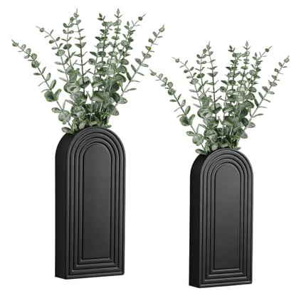Wooden Wall Vase with 20 Eucalyptus, 2 Mount Options, Black, 2 Pcs - color: Black