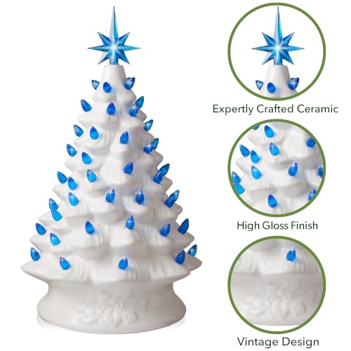 Casafield Hand Painted Ceramic Christmas Tree, White 15-Inch Pre-Lit Tree with 128 Pink and Blue Lights and 2 Star Toppers - color: White Pink Blue Lights