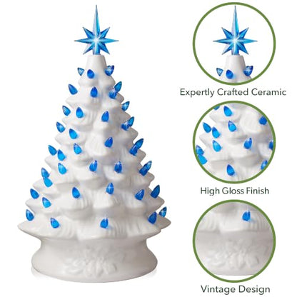 Casafield Hand Painted Ceramic Christmas Tree, White 15-Inch Pre-Lit Tree with 128 Pink and Blue Lights and 2 Star Toppers - color: White Pink Blue Lights