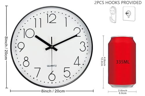 Silent Wall Clocks Battery Operated 8 Inch, Analog Wall Clock with Oversized Number Tempered Glass Clock Face, Black Quartz Non Ticking Wall Clocks for Living Room Bedroom Kitchen Office - color: White, size: 8 Inch