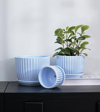 Flower Pots，Ceramic Pots with Drainage Holes & Saucers Set of 3(Sky Blue) - color: Blue