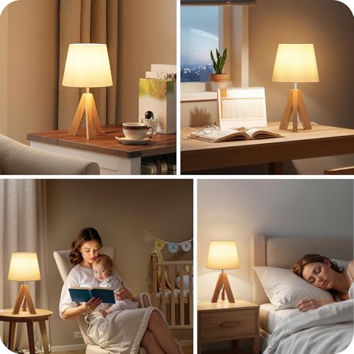 Wood Bedside Lamps Set of 2, Small Tripod Table Lamp, Modern Nightstand Lamp with Fabric Shade, Boho Bedside Wood Desk Lamp for Bedroom, Kids Room, Living Room, Study, White W51TLP205 - color: 2Pack White+Natural Wood