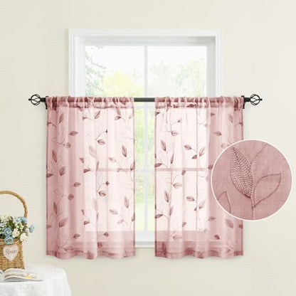 HOMEIDEAS Blush Pink Kitchen Curtains Leaf Embroidered, 30x24, 2 Panel - color: Blush Pink, size: 30"W x 24"L (Pack of 2)