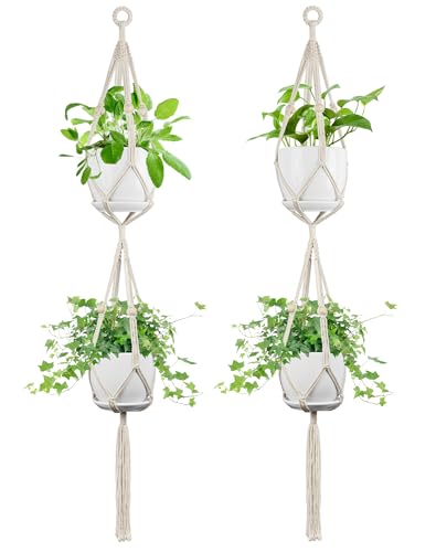 Macrame Plant Hanger - Fits 4-8 Inch Pots, Set of 2, Ivory - color: 49+49 Inch Ivory