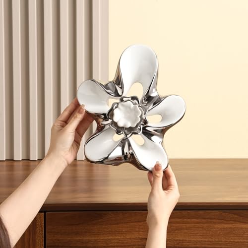 Ceramic Statue Home Decor Aesthetic Abstract Flower Sculpture - color: White and Silver