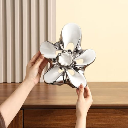 Ceramic Statue Home Decor Aesthetic Abstract Flower Sculpture - color: White and Silver