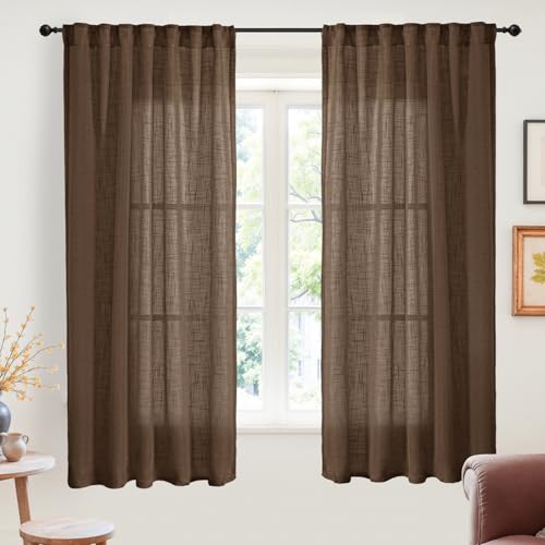 YoungsTex Linen 세미 시어 커튼 거실 창문용 길이 160cm(63인치) - 초콜릿 브라운 라이트 필터링 드레이프, 로드 포켓 백 탭 프라이버시 텍스처, 침실용 패널 2개, 106.7 x 160cm(42 x 63인치) - color: 브라운., size: 42"W x 63"L (Pack of 2)