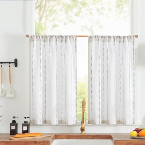 jinchan Linen Striped Tier Curtains for Kitchen Windows Grey 26 x 24 inch - color: Cottage Striped | Grey, size: 26"W x 24"L (Pack of 2)