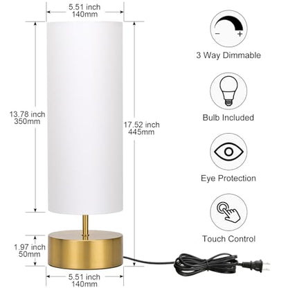 3-Way Dimmable Table Lamp, Touch Control Gold Bedside Lamp with White Shade - color: White Shade with Gold Base