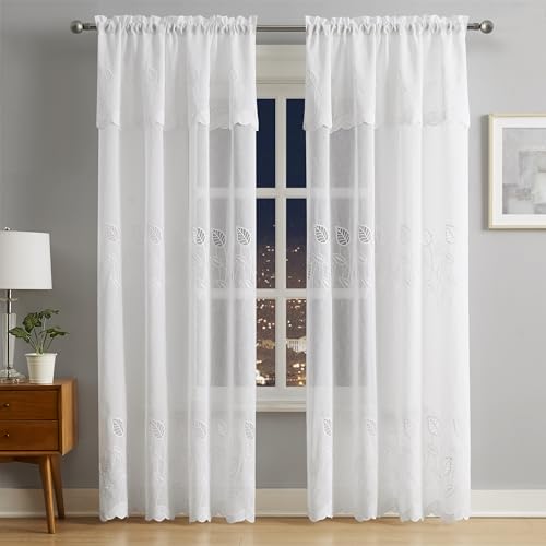 LinenZone 96 Inch White Embroidered Leaf Curtains. (Emma 54 x 96, White) - color: White, size: 54"W x 96"L (Pack of 2)