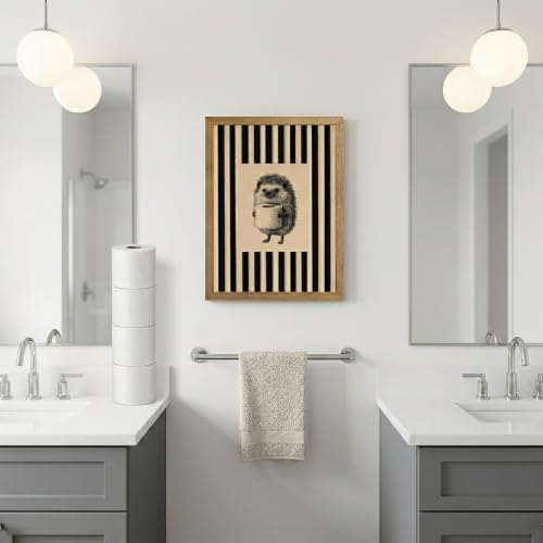 DGBQMK Funny Bathroom Wall Art Hedgehog Holding Toilet Paper Canvas Print, Vintage Black and White Striped Rustic Natural Wood Framed Animal Poster for Restroom Washroom Decor,12x16 inch - color: hedgehog, size: 16"Lx12"W
