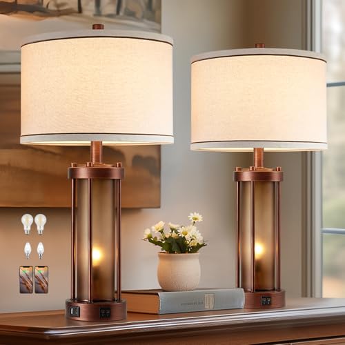 RORIA Set of 2 Farmhouse Table Lamps for Living Room with 2 USB Ports - color: Red Bronze