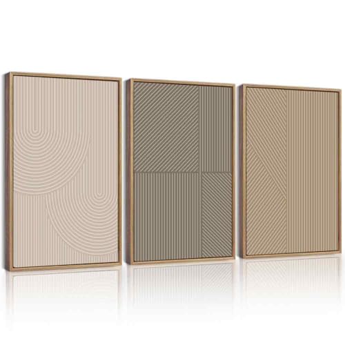 KUVIOKE Minimalist Abstract Bohemian Framed Wall Art Modern Boho Neutral Line Wall Decor Geometric Artwork Bedroom Dining Room 16x24in (Natural Framed) - color: Mid Century, size: 16 x 24in x 3 Panels Natural