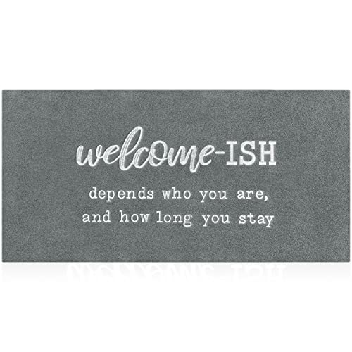 JJUUYOU Large Welcome Mats Front Door Mat Indoor Entrance with Non Slip Rubber Back Funny Welcome-ish Doormats Durable Floor Door mats for Kitchen Entryway Laundry 18"x47" - color: Welcome Ish-light Gray, size: 18" x 47"