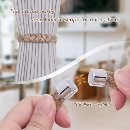NICEEC 2 Pack Natural Jute Rope Curtain Tiebacks Elegant Boho Style Magnetic Drape Tie Backs Soft Hand-Woven Rope Curtain Holdbacks for Home & Office Drapery (Jute knot-04) - color: Jute Knot-04, size: 2 Pack