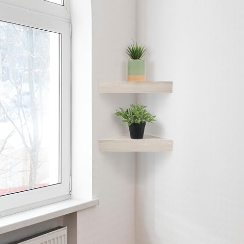Kiera Grace Rustic & Farmhouse Triangle Floating Shelf, Modern Corner Wall Mounted Shelf for Home, Office, 11.8" x 11.8”, Weathered White, 2Pack